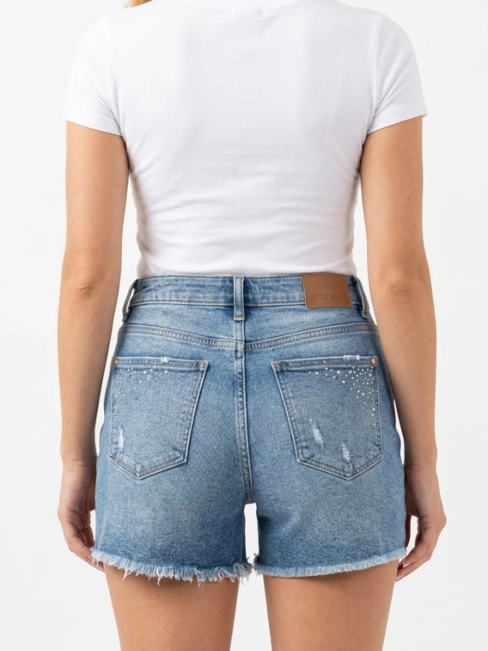 Judy Blue • Rhinestone High Rise Denim Shorts L Light Wash Frayed Hem Stretch